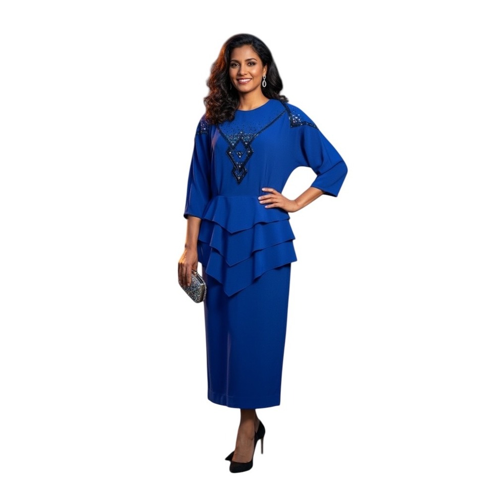 Vintage Simon Chang Royal Blue Beaded Tiered Midi Dress Cocktail Party size 6